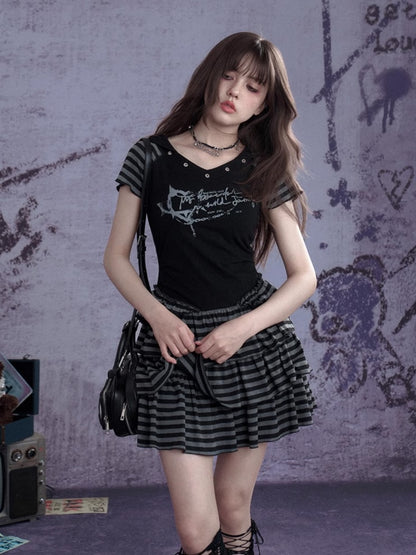 Y2K Street Punk Striped Hooded Short Sleeve Dress【s0000012995】