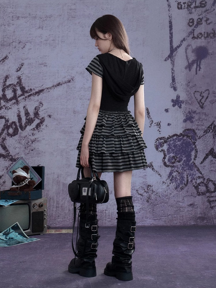 Y2K Street Punk Striped Hooded Short Sleeve Dress【s0000012995】