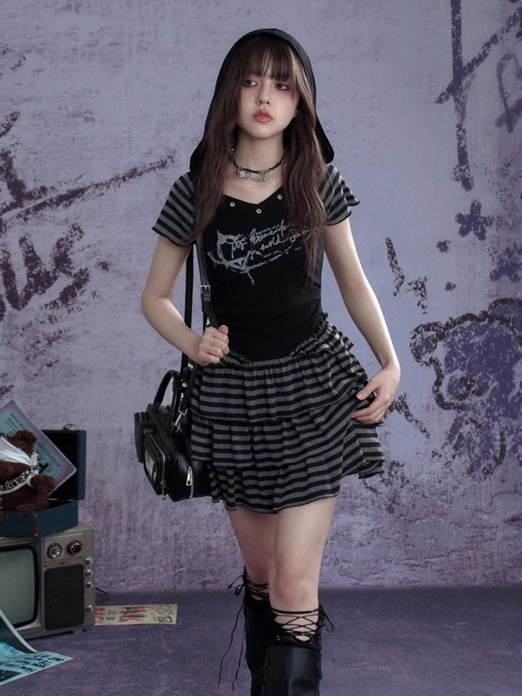 Y2K Street Punk Striped Hooded Short Sleeve Dress【s0000012995】