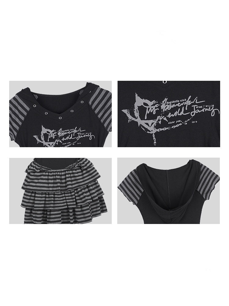 Y2K Street Punk Striped Hooded Short Sleeve Dress【s0000012995】