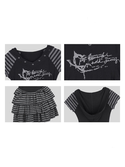 Y2K Street Punk Striped Hooded Short Sleeve Dress【s0000012995】
