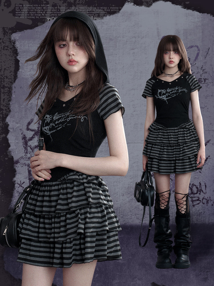 Y2K Street Punk Striped Hooded Short Sleeve Dress【s0000012995】