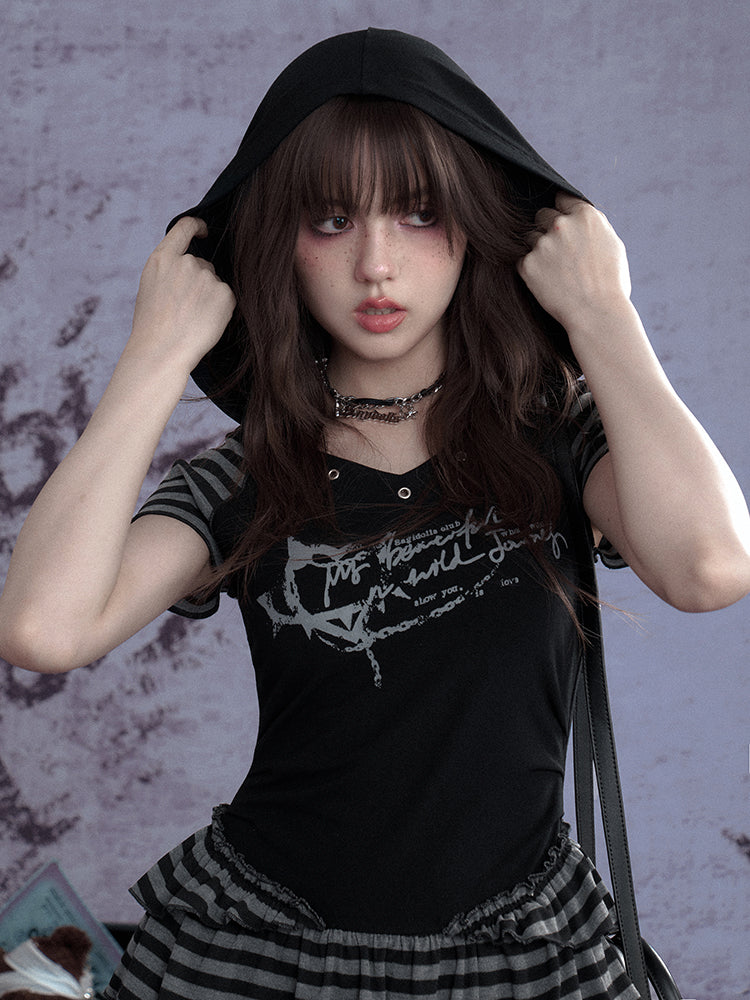 Y2K Street Punk Striped Hooded Short Sleeve Dress【s0000012995】