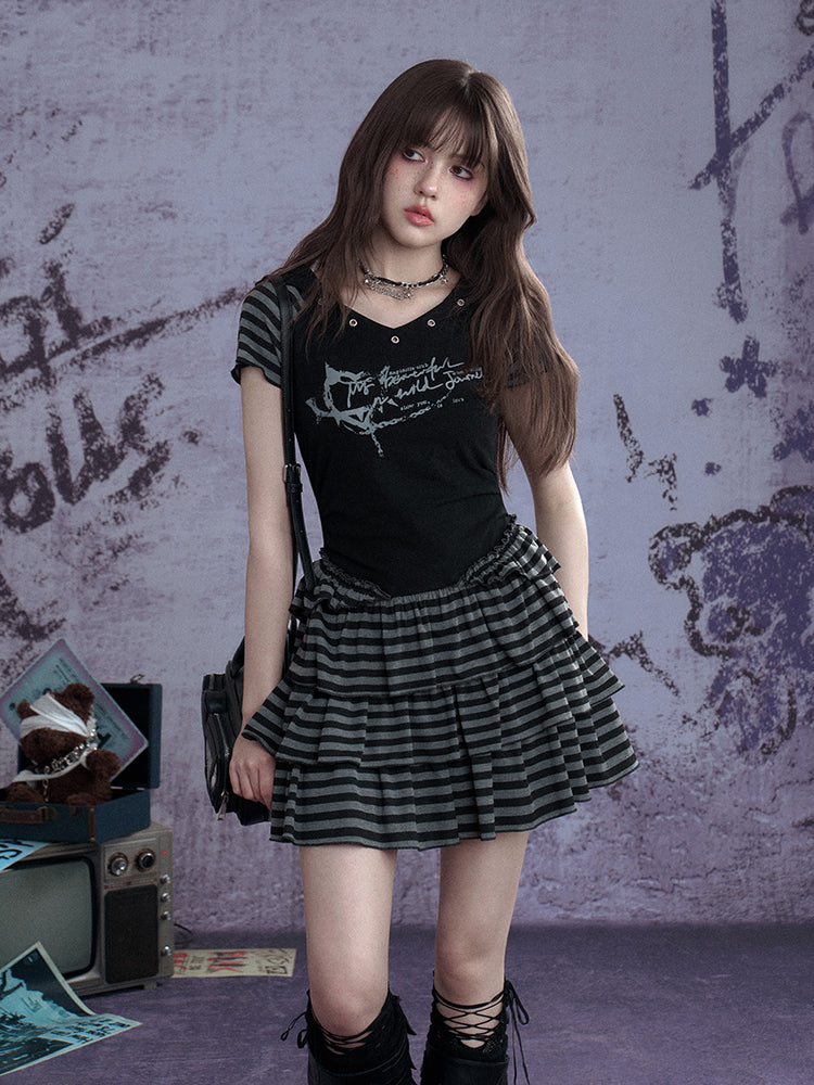 Y2K Street Punk Striped Hooded Short Sleeve Dress【s0000012995】