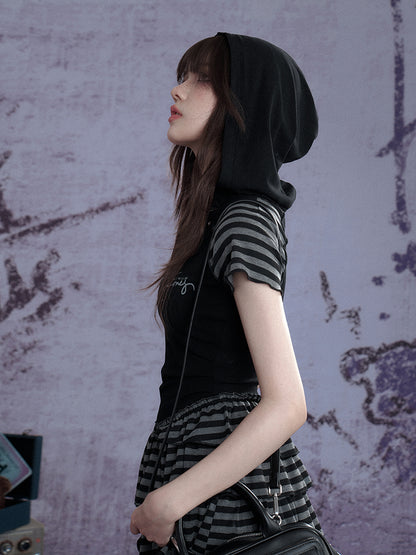 Y2K Street Punk Striped Hooded Short Sleeve Dress【s0000012995】