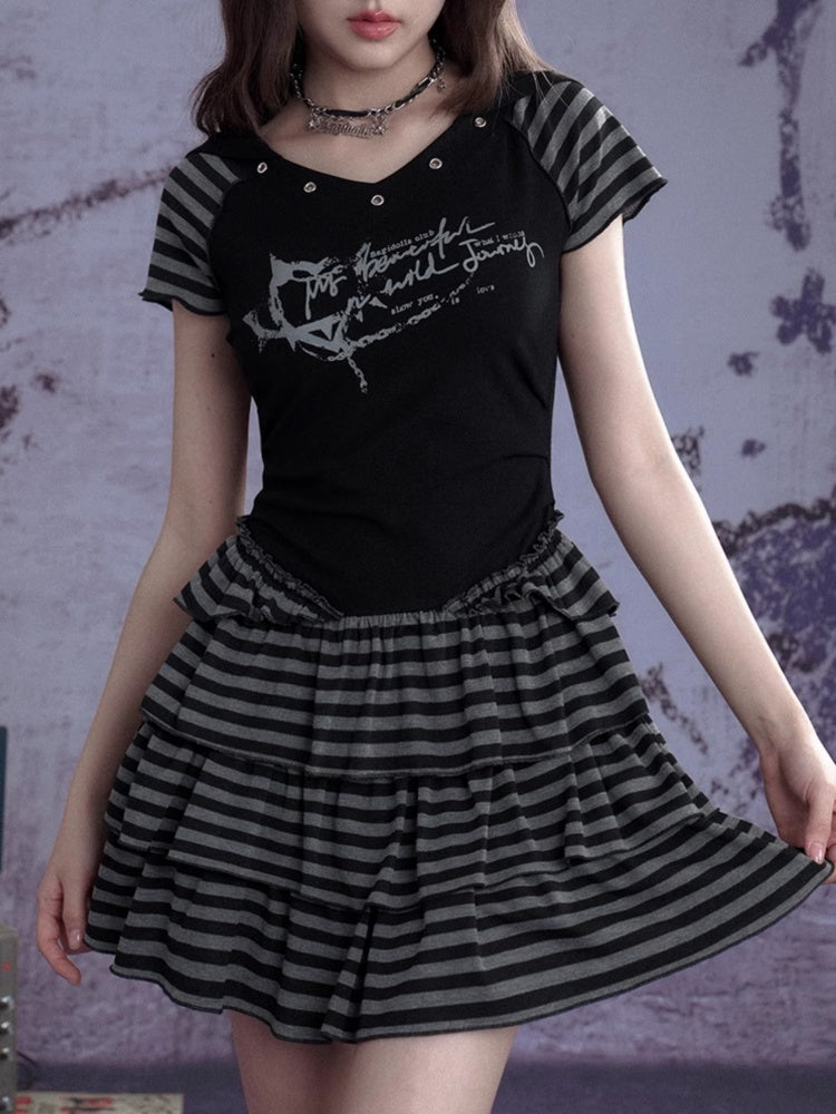 Y2K Street Punk Striped Hooded Short Sleeve Dress【s0000012995】