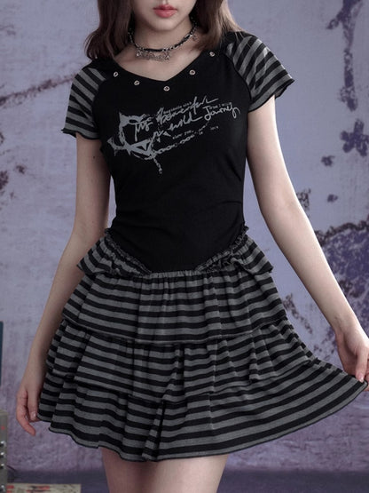 Y2K Street Punk Striped Hooded Short Sleeve Dress【s0000012995】