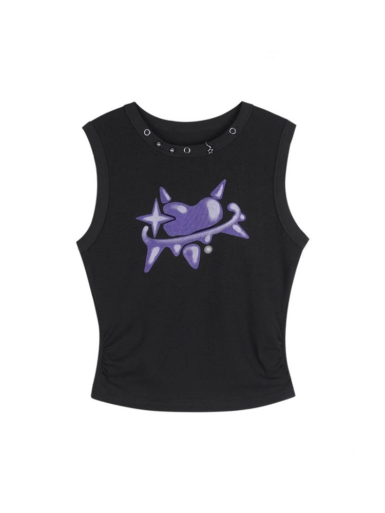 Graffiti Metallic Heart Print Cropped Sleeveless Tops【s0000012996】