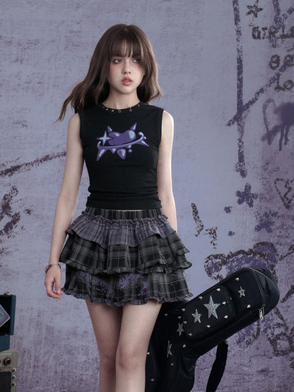 Graffiti Metallic Heart Print Cropped Sleeveless Tops【s0000012996】