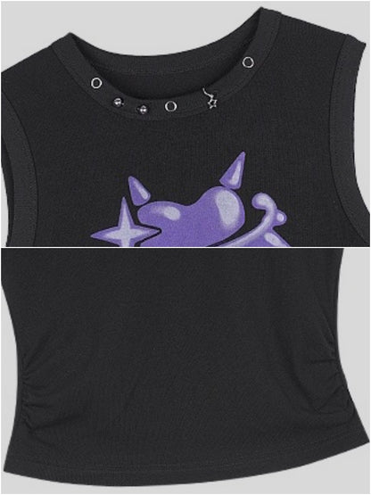 Graffiti Metallic Heart Print Cropped Sleeveless Tops【s0000012996】