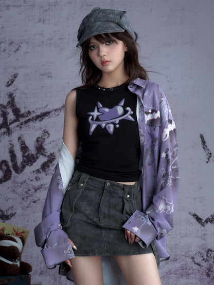 Graffiti Metallic Heart Print Cropped Sleeveless Tops【s0000012996】