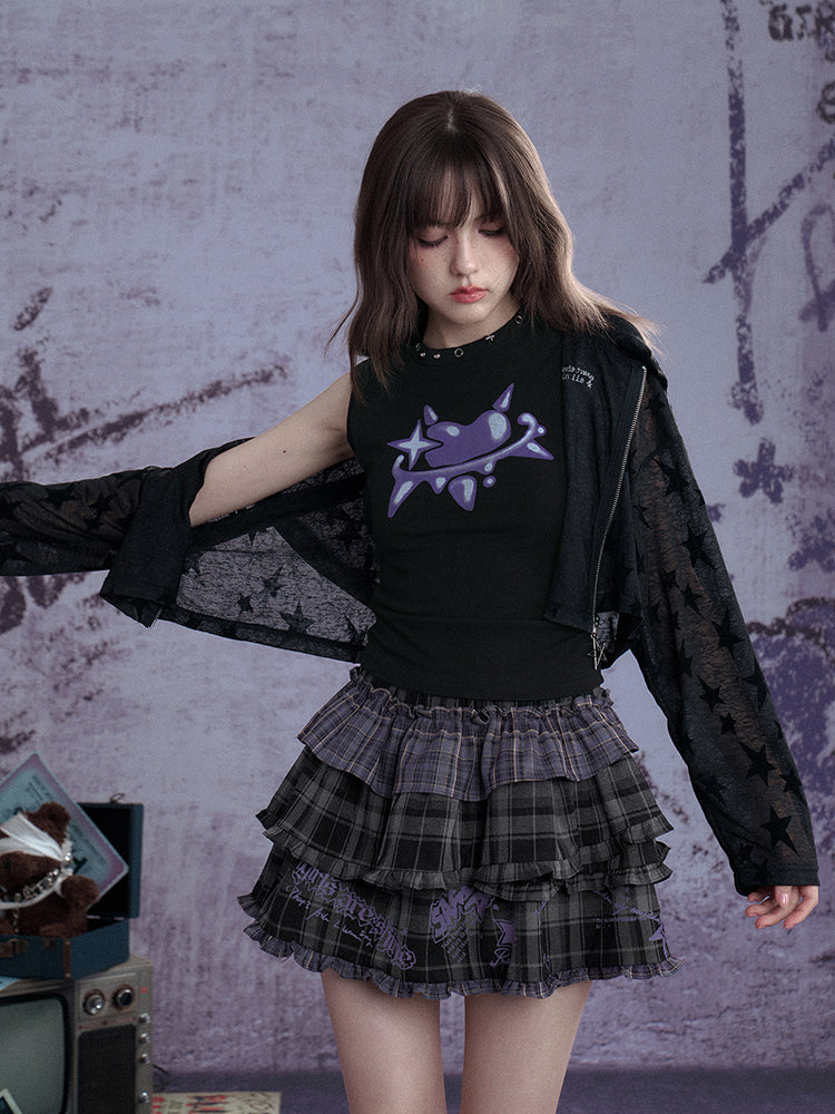 Graffiti Metallic Heart Print Cropped Sleeveless Tops【s0000012996】
