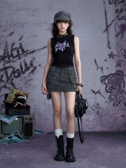 Graffiti Metallic Heart Print Cropped Sleeveless Tops【s0000012996】