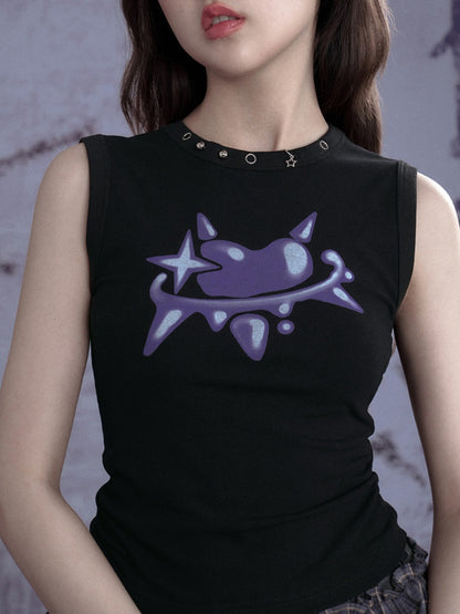 Graffiti Metallic Heart Print Cropped Sleeveless Tops【s0000012996】