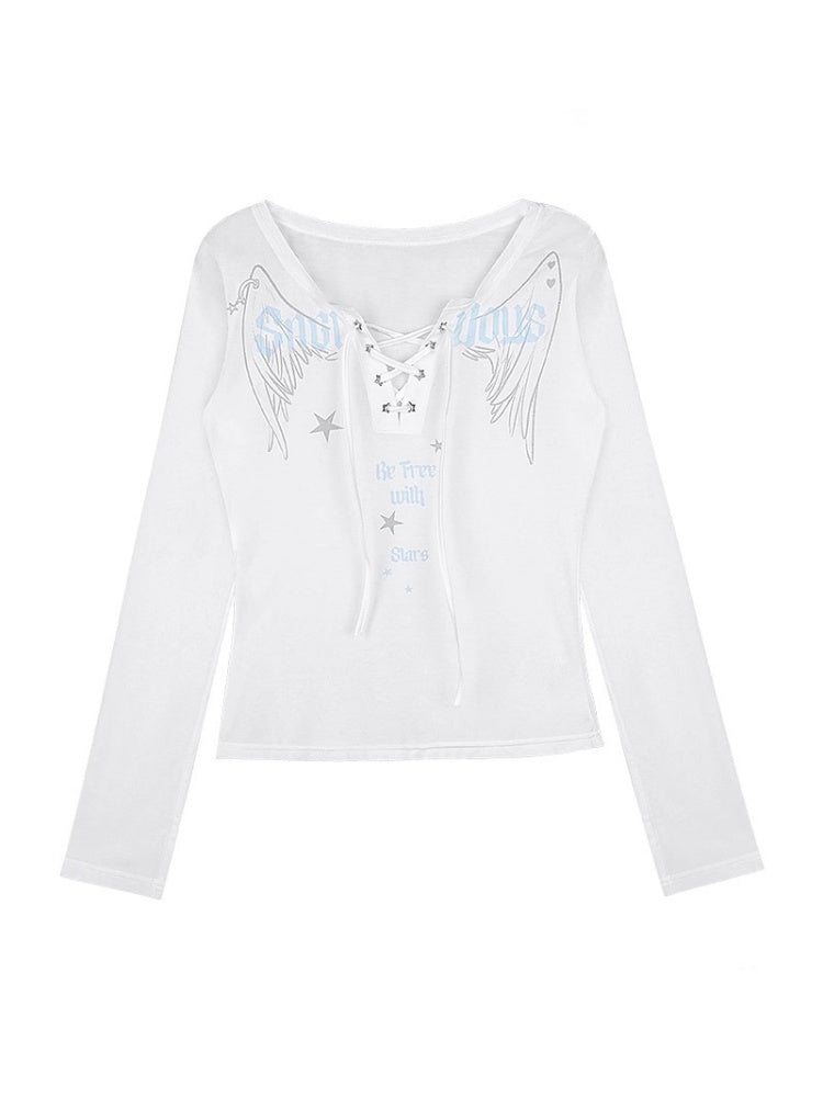 Angel Wings Print Long Sleeve Tops & Ribbon Strap Camisole【s0000012997】
