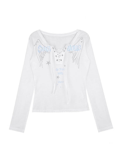 Angel Wings Print Long Sleeve Tops & Ribbon Strap Camisole【s0000012997】