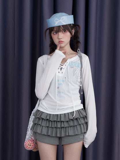 Angel Wings Print Long Sleeve Tops & Ribbon Strap Camisole【s0000012997】