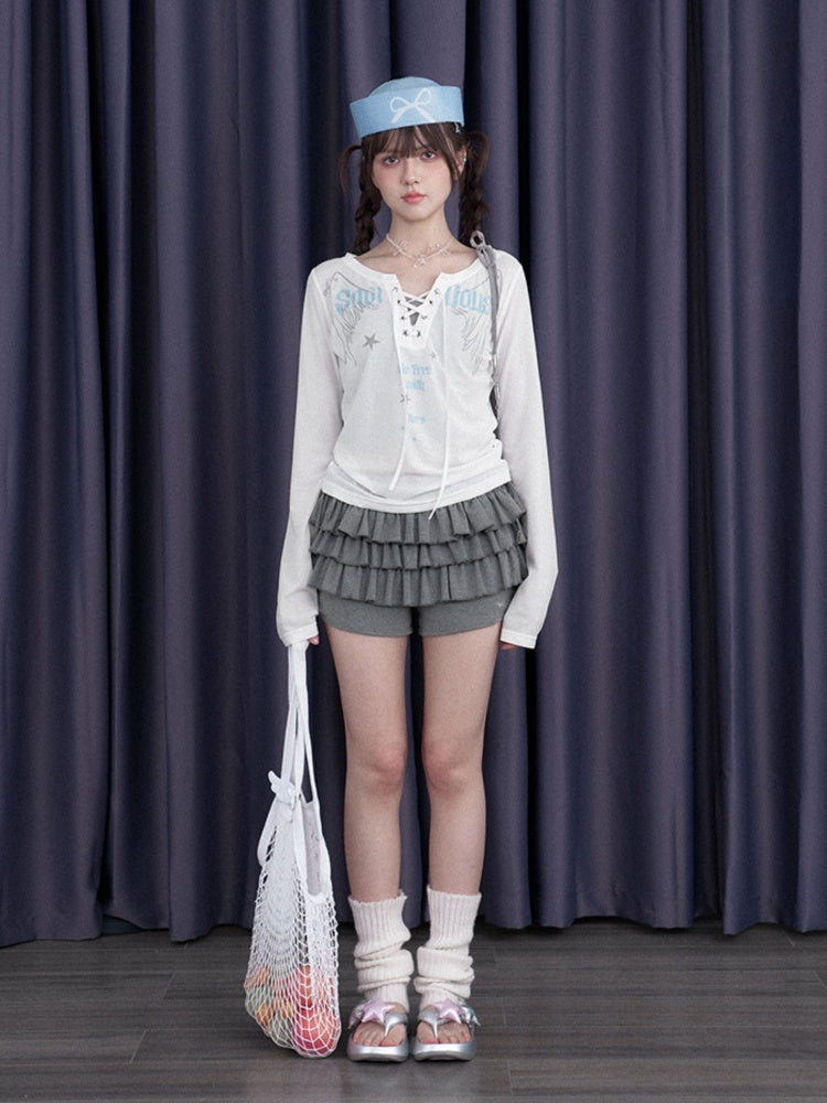 Angel Wings Print Long Sleeve Tops & Ribbon Strap Camisole【s0000012997】