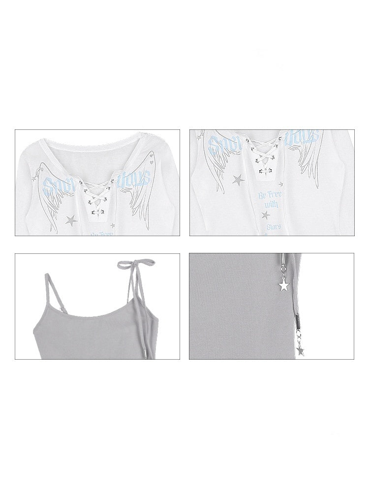 Angel Wings Print Long Sleeve Tops & Ribbon Strap Camisole【s0000012997】