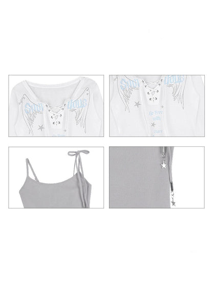 Angel Wings Print Long Sleeve Tops & Ribbon Strap Camisole【s0000012997】