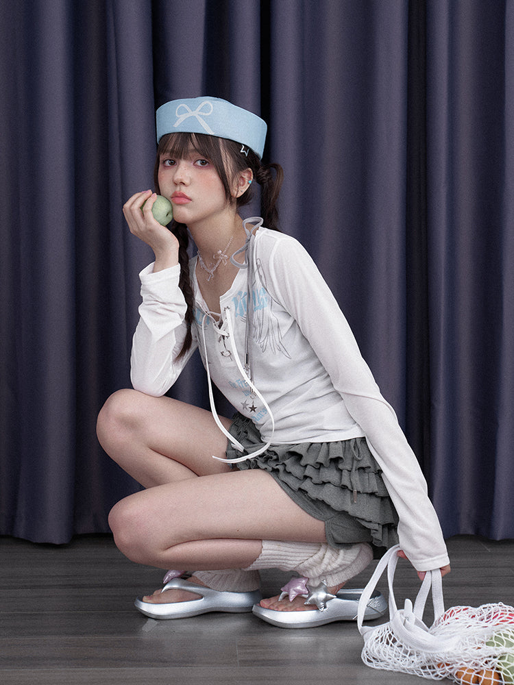 Angel Wings Print Long Sleeve Tops & Ribbon Strap Camisole【s0000012997】