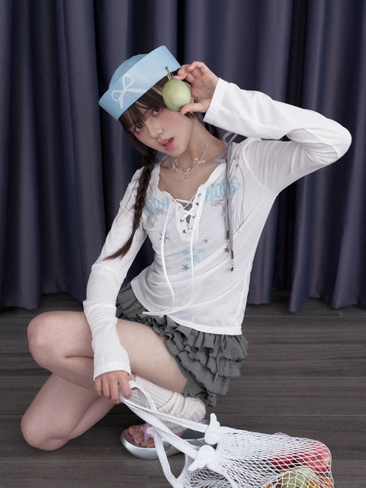 Angel Wings Print Long Sleeve Tops & Ribbon Strap Camisole【s0000012997】