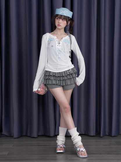 Angel Wings Print Long Sleeve Tops & Ribbon Strap Camisole【s0000012997】