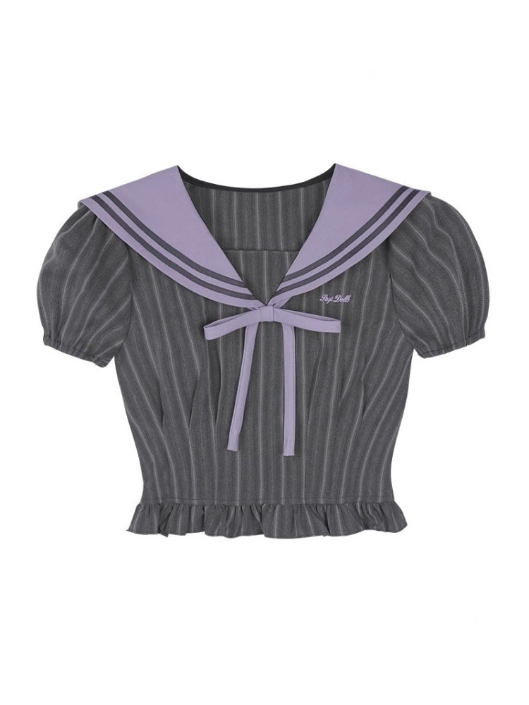 College Sailor Collar Puff Sleeves Ruffle Tops & Pleated Mini Skirt【s0000012999】