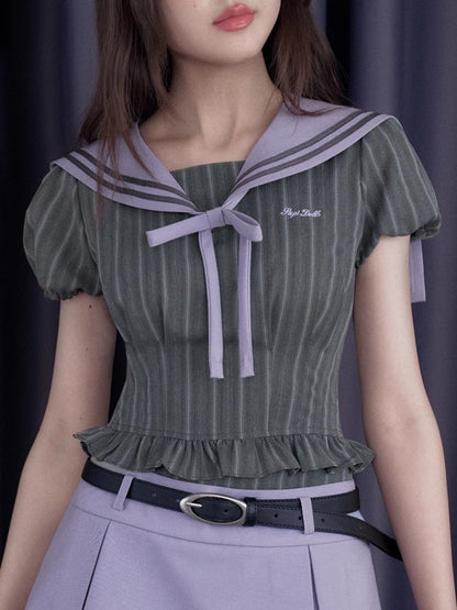 College Sailor Collar Puff Sleeves Ruffle Tops & Pleated Mini Skirt【s0000012999】