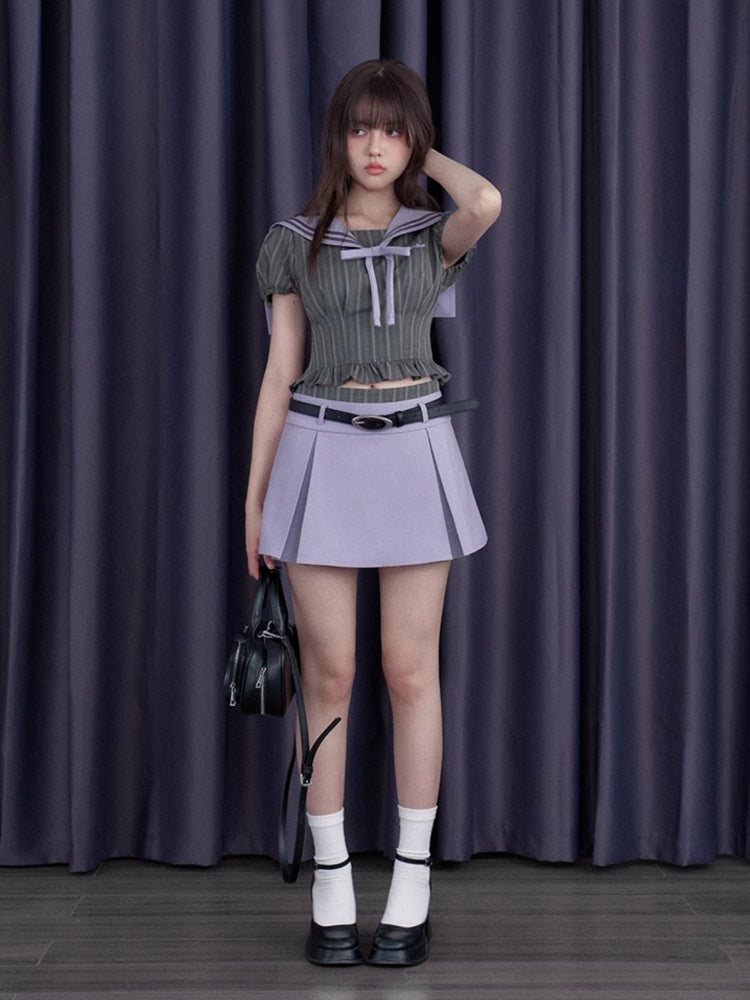 College Sailor Collar Puff Sleeves Ruffle Tops & Pleated Mini Skirt【s0000012999】