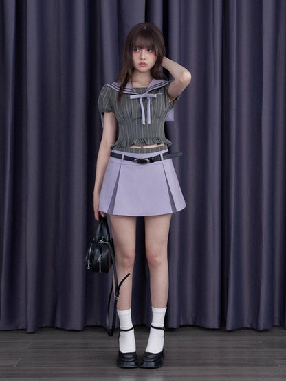 College Sailor Collar Puff Sleeves Ruffle Tops & Pleated Mini Skirt【s0000012999】