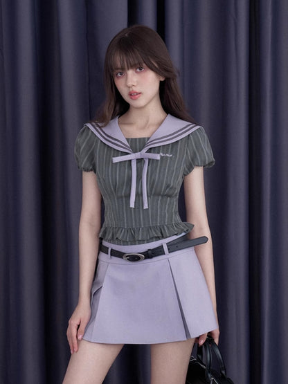College Sailor Collar Puff Sleeves Ruffle Tops & Pleated Mini Skirt【s0000012999】