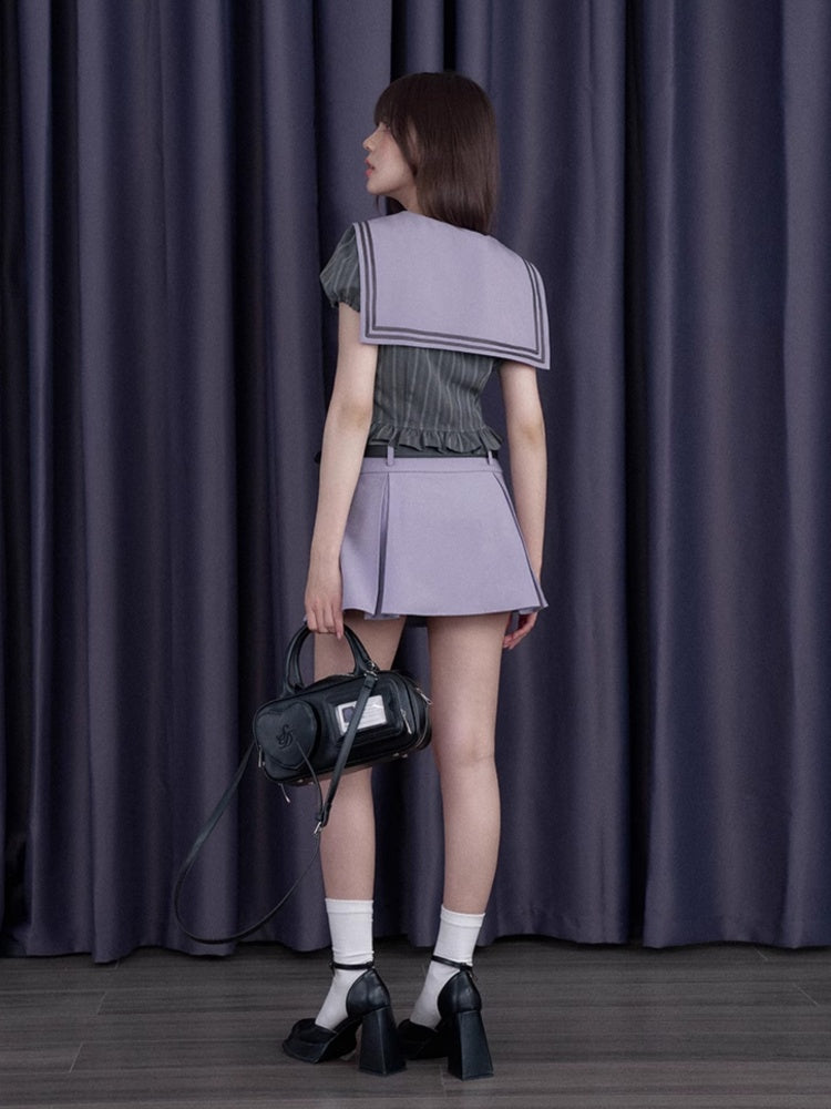 College Sailor Collar Puff Sleeves Ruffle Tops & Pleated Mini Skirt【s0000012999】