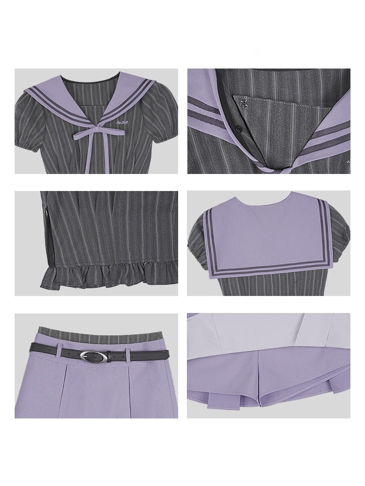 College Sailor Collar Puff Sleeves Ruffle Tops & Pleated Mini Skirt【s0000012999】