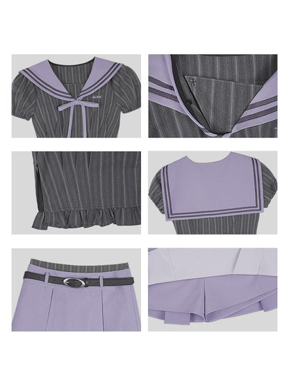 College Sailor Collar Puff Sleeves Ruffle Tops & Pleated Mini Skirt【s0000012999】