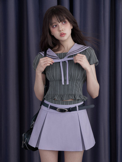 College Sailor Collar Puff Sleeves Ruffle Tops & Pleated Mini Skirt【s0000012999】