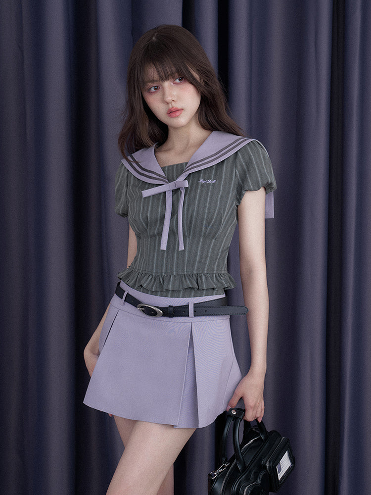 College Sailor Collar Puff Sleeves Ruffle Tops & Pleated Mini Skirt【s0000012999】
