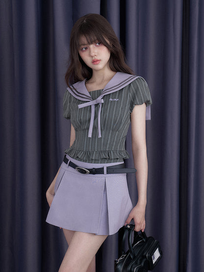 College Sailor Collar Puff Sleeves Ruffle Tops & Pleated Mini Skirt【s0000012999】