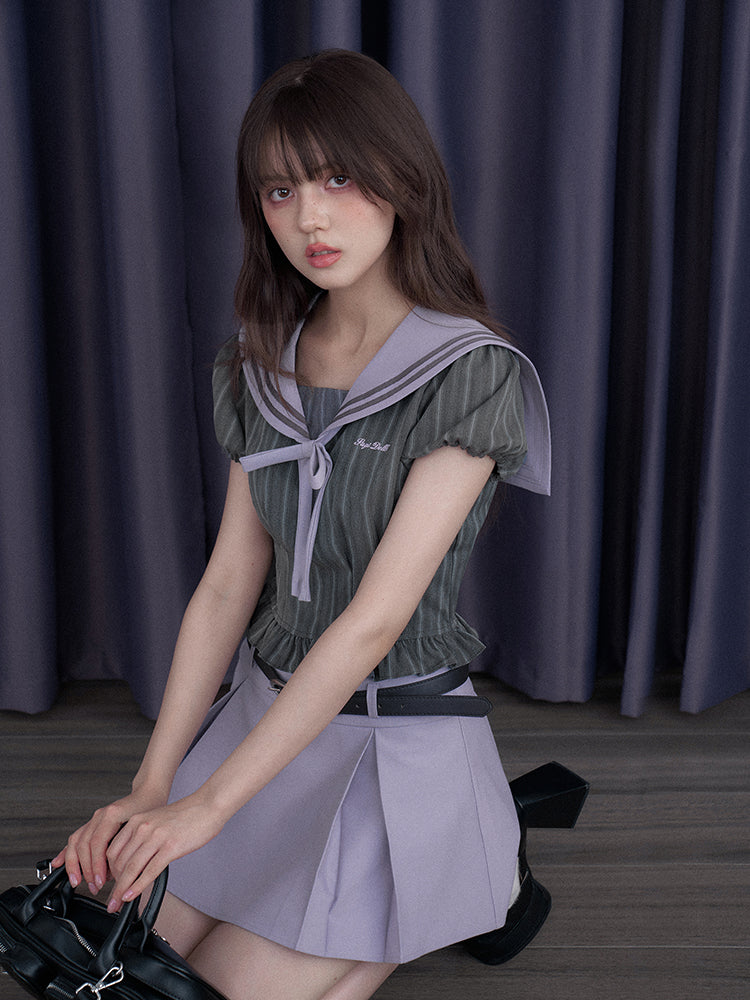 College Sailor Collar Puff Sleeves Ruffle Tops & Pleated Mini Skirt【s0000012999】