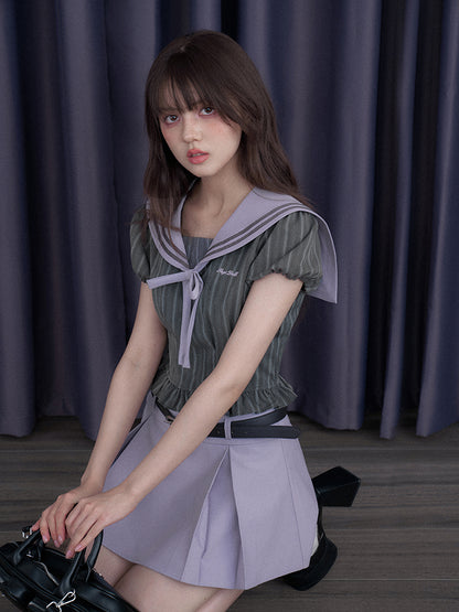 College Sailor Collar Puff Sleeves Ruffle Tops & Pleated Mini Skirt【s0000012999】