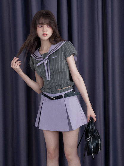 College Sailor Collar Puff Sleeves Ruffle Tops & Pleated Mini Skirt【s0000012999】