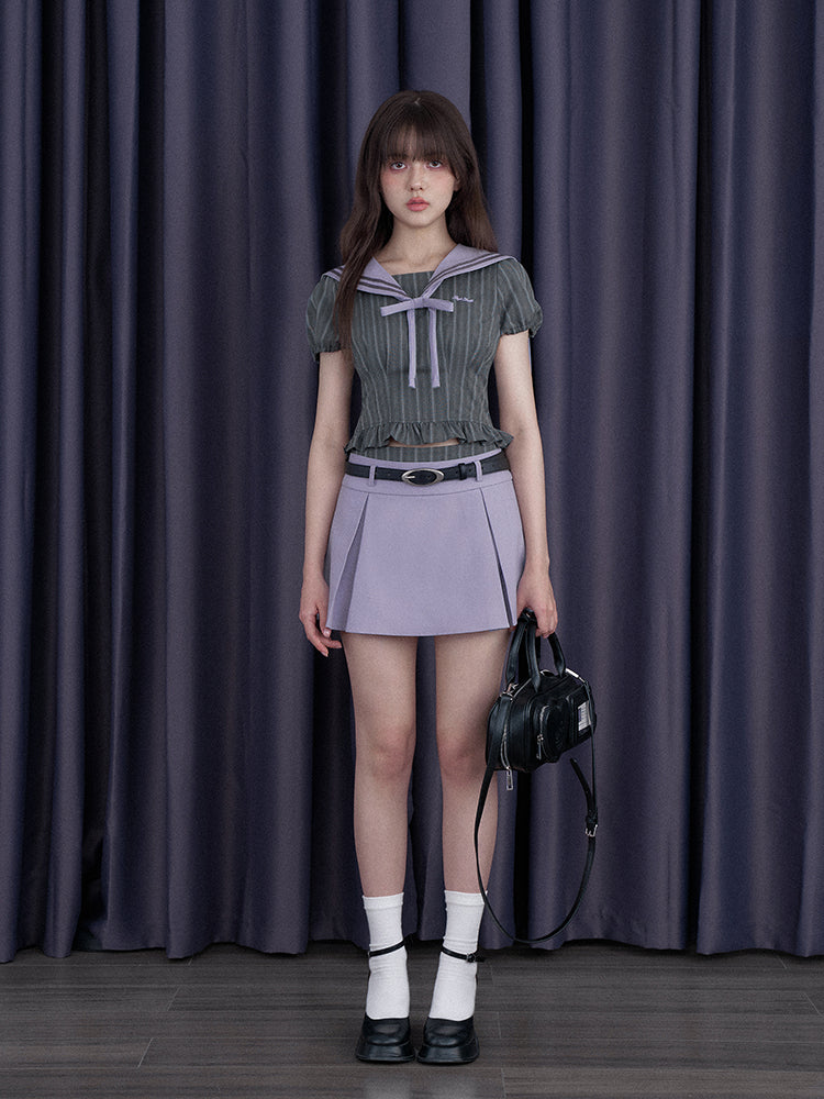 College Sailor Collar Puff Sleeves Ruffle Tops & Pleated Mini Skirt【s0000012999】