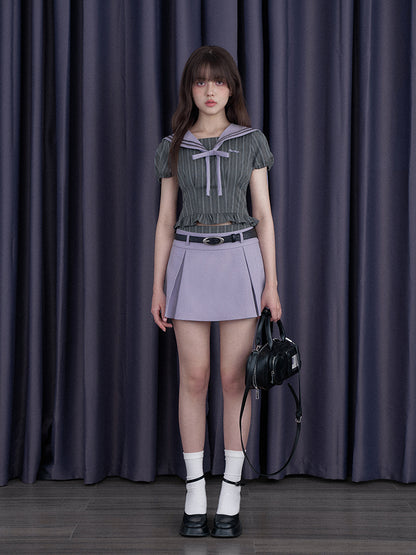 College Sailor Collar Puff Sleeves Ruffle Tops & Pleated Mini Skirt【s0000012999】