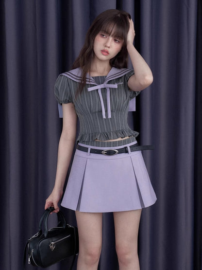 College Sailor Collar Puff Sleeves Ruffle Tops & Pleated Mini Skirt【s0000012999】