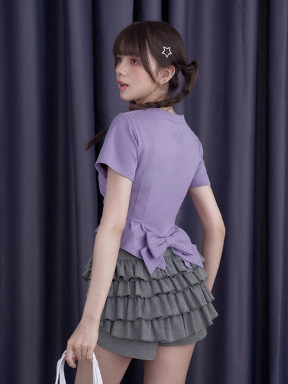 Back Bow Side Gathered Logo T-Shirt【s0000013002】
