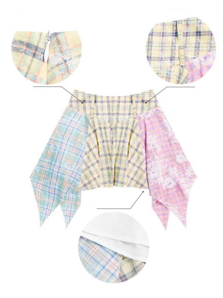 Contrasting Stitching High Waist Irregular Hem Plaid Skirt【s0000013013】