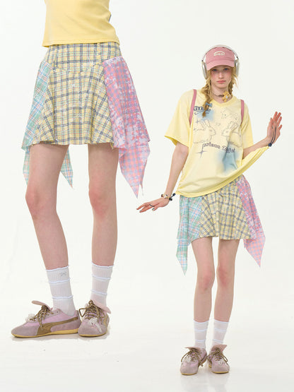 Contrasting Stitching High Waist Irregular Hem Plaid Skirt【s0000013013】