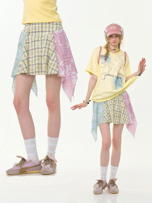 Contrasting Stitching High Waist Irregular Hem Plaid Skirt【s0000013013】