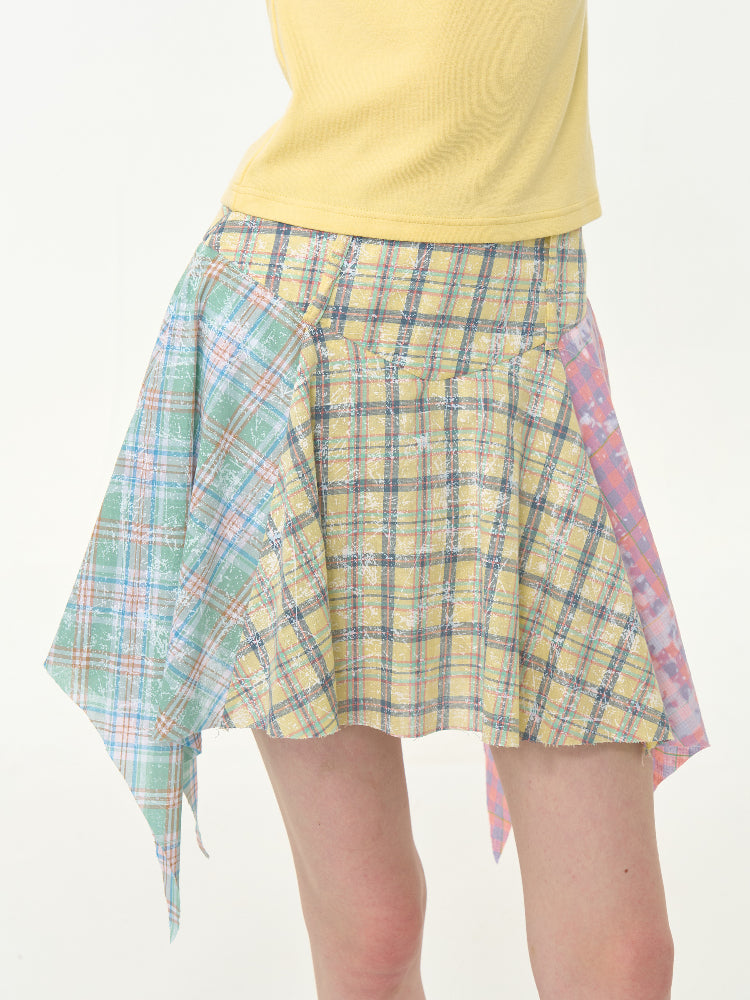 Contrasting Stitching High Waist Irregular Hem Plaid Skirt【s0000013013】