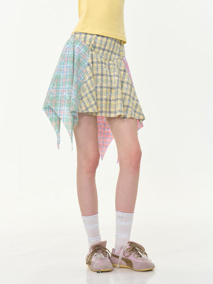 Contrasting Stitching High Waist Irregular Hem Plaid Skirt【s0000013013】